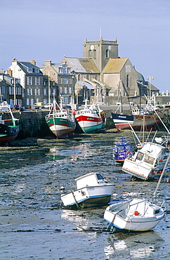 France, Normandy, Manche (50), Barfleur, The Harbour At Low Tide, Boats Lying Aside