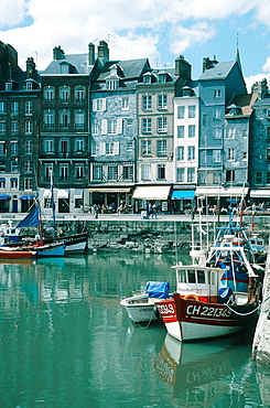 France, Normandy, Calvados (14), Honfleur, Fishing Boat Inside The Closed Harbour, Slated Facades