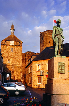 France, Normandy, Manche (50), Saintsauveurlevicomte, The Main Square With Monument To Napoleons General Lemarois At Dusk 