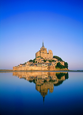 France, Normandy, Manche (50), Mont Saintmichel, Overview On The Mont St Michel At Sunrise With Reflection On The Water