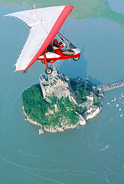 France, Normandy, Manche (50), Mont Saintmichel, Aerial Photography Of An Ulm Flying Above The Mount At High Tide