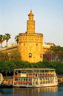 Spain, Andaloucia, Sevilla, Torre Del Oro (Gold Tower) At Dusk