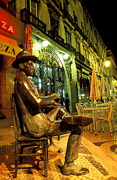 Portugal, Lisbon, Cafe Brasileira A Fernando Pessoa Favourite, Night View On The Terrace And The Poet Statue