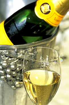 Champagne bottle, bucket and glass, Royal Champagne Hotel Restaurant, member of Relais et Chateaux string, Champignol, Montagne de Reims, Marne, Champagne, France, Europe