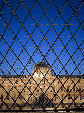 View from inside the glass Pyramid by architect I. M. Pei in front of the Louvre, Paris, France, Europe