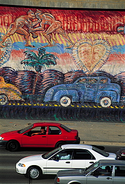 Los Angeles, Downtown, Hollywood Freeway, Traffic & Mural