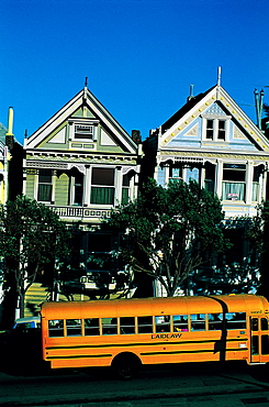 Alamo Square, School Bus & Victorian Houses, San Francisco, Usa