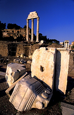 Italy, Rome, Forum Roman Ruins, Castor And Pollux Temple Remains Behind