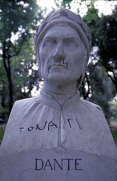 Italy, Rome, Pincio Gardens, Disrespectful Graffiti On Dante Bust