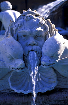 Italy, Rome, Piazza Navona, Neptune Fountain, Close Up Of A Head With Two Tritons