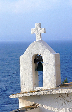 France, Corsica, South, Bonifacio, White Chapel Belfry At Citadel Entrance Against Blue Sea