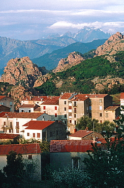 France, Corsica, South, Piana Vicinity, Porto Golf, Overview On The Piana Village, Calanche Rocks Behind