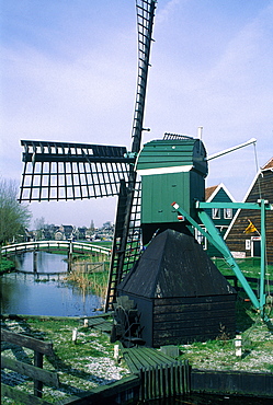 Netherlands, Country, Zaandam, Ancient Wooden Windmills And Canal