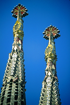 Spain, Catalonia, Barcelona, Sagrada Familia Church Under Construction Designed By Gaudi, Top Of Two Belfries