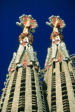 Spain, Catalonia, Barcelona, Sagrada Familia Church Designed By Gaudi, Two Belfries Top Settings