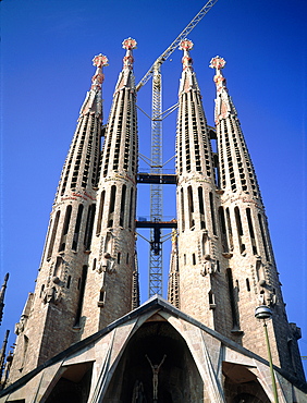 Spain, Catalonia, Barcelona, Sagrada Familia Church Designed By Gaudi, The Four Belfries And Porch On Main Facade