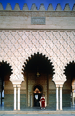 Morocco, Rabat, Main Facade Of The Sultan Mohammed V Mausoleum With Guard 