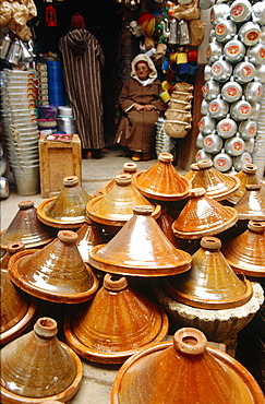 Morocco, Fes, Medina (Old City), Pottery Seller, Plates For Cooking Traditional Tajines 