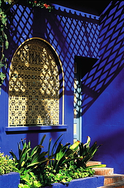 Morocco, Marrakech, The Painter Majorelle House Painted In Blue, Detail Of The Facade On Gardens