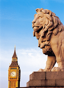 UK, London, Big Ben & Westminster Bridge Lion