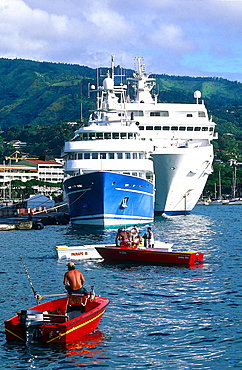 French Polynesia, Gastronomic Cruise On M/S Paul Gauguin, The Ship At Quay In Papeete Island Of Tahiti, Fishing Speed Boat At Fore 