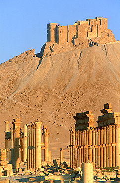 Syria, West Desert, Ruins Of Palmyra Columnades , Arab Castle Qalaat Ibn Maan Behind 