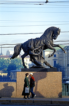 Russia, Saint Petersburg, Anitchkov Bridge On Fontanka Canal, Horse Statues By Pierre Klodt 