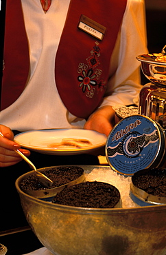 Russia, Saint Petersburg, Serving Caviar In A Luxury Restaurant (Caviar Bar Of Hotel Europe) Close Up 