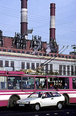 Russia, Saint Petersburg, Power Plant And Road Traffic 