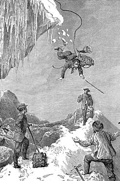 France, Alps In Winter, Xixth Century Engraving, Man Falling From Glacier Among Alpinists 