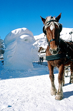 France, Alps In Winter, Savoie, Valloire, Ice Carving Contest, Horse Sledge And Sculpted Head Of Che Guevara 