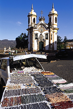 Brazil, Minas Gerais.Ouro Preto Colonial City.Our Lady Of Carmo Baroque Church And Souvenirs Stands At Fore