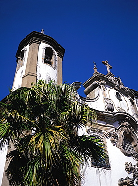 Brazil, Minas Gerais.Ouro Preto Colonial City. Baroque Church Belfry And Palm