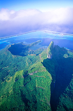 French Polynesia, Iles Sous-Le-Vent, Bora-Bora Island, Aerial View Of The Island And Lagoon, Mount Otemanu Peak Is The Highest Point