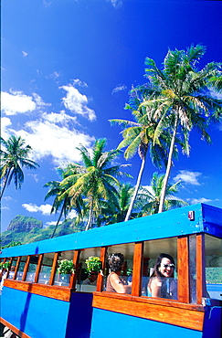 French Polynesia, Iles Sous-Le-Vent, Bora-Bora Island, To Urists From The Ms Gauguin On Board A Truck (Local Bus)