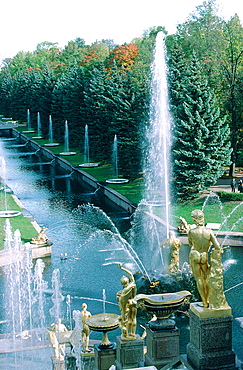 Russia, St-Petersburg, Pedrovorets, Peterhof Palace And Park, Goldened Statues Of The Great Waterfall, The Canal Leading To The Baltic Sea (Architect Leblond)