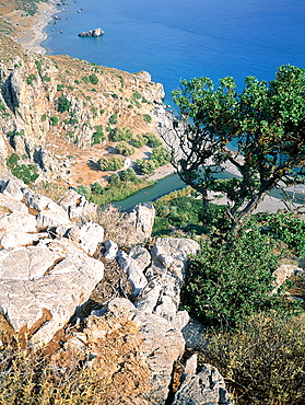 Greece, Crete, Elevated View On The Preveli Seaside, Remote Creek