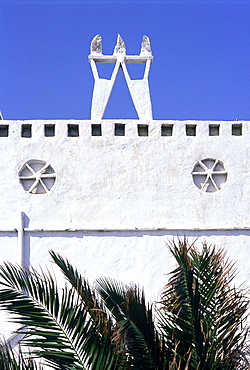 Greece, Cyclades, Mykonos Island, Detail Of A White House Facade, Decorated Chimneys On The Roof