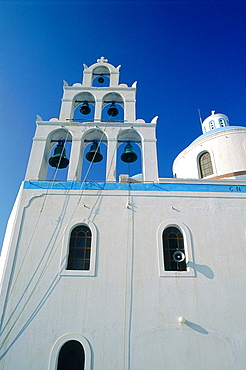 Greece, Cyclades, Santorini Island, White Chapel Facade, Belfry And Dome