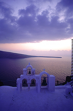 Greece, Cyclades, Santorini Island, View On The Sea In Side The Caldera In Ia Village At Dusk