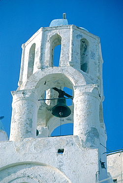 Greece, Cyclades, Santorini Island, Ia Village An Open Belfry And Bell