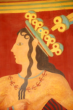 Princess of Lilies fresco, Minoan archaeological site of Knossos, Crete, Greek Islands, Greece, Europe 