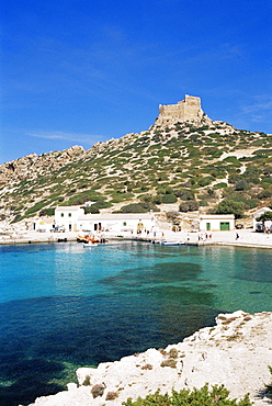 Harbour and fortress, Cabrera Island, Cabrera National Park, Balearic Islands, Spain, Mediterranean, Europe