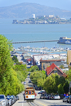 Cable car and Alcatraz Island, San Francisco, California, United States of America, North America