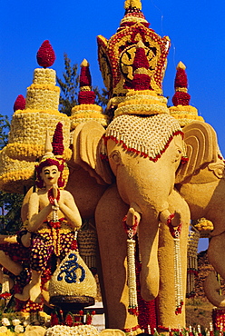 Floral float decorated with elephants and umbrellas, Festival of Flowers, Chiang Mai, Thailand