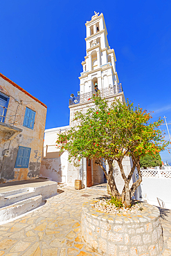 View of Saint Nicholas church bell tower, Halki Island, Dodecanese Islands, Greek Islands, Greece, Europe