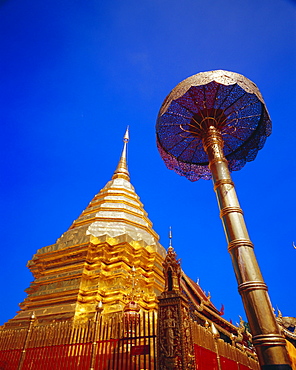 Copper plated Chedi and five tiered golden umbrella. Lanna style, Wat Phrathat Doi Suthep, Chiang Mai, Thailand 