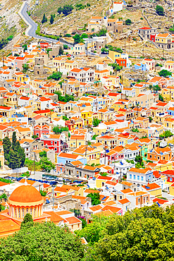 Chorio (upper town), high angle view, Chorio, Symi Island, Dodecanese Islands, Greece
