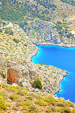 View over Panormitis bay, Panormitis, Symi Island, Dodecanese Islands, Greece