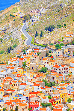 Chorio (upper town), high angle view, Chorio, Symi Island, Dodecanese Islands, Greece